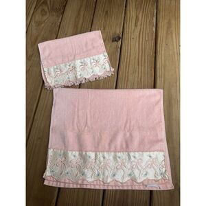 VTG 90s Peach Bow Ribbon Embroidery Satin Hand Towel Wash Cloth Cottag